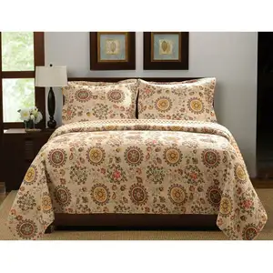 Photo of Full / Queen Retro Moon Shaped Floral Medallion Reversible 3 Piece Quilt Set