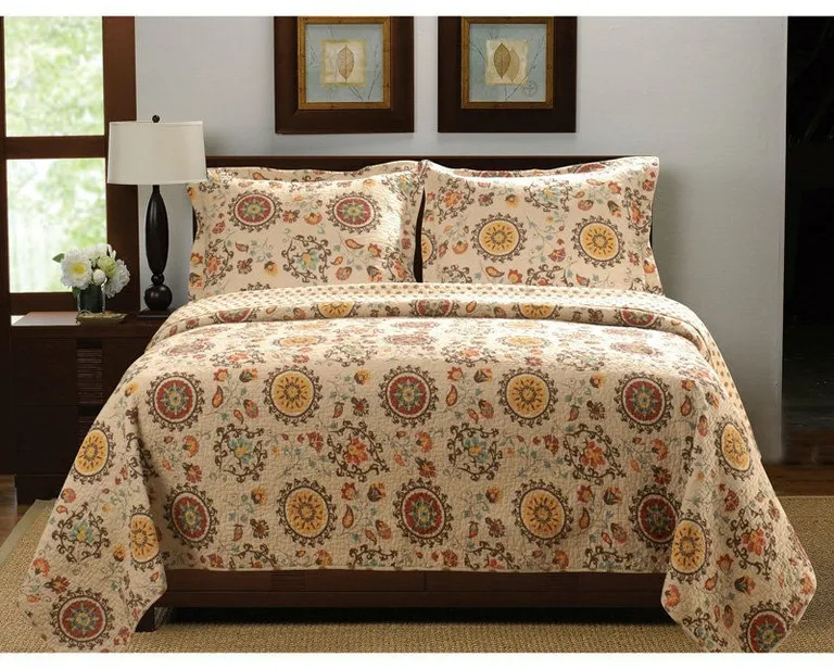 Full / Queen Retro Moon Shaped Floral Medallion Reversible 3 Piece Quilt Set Photo 1