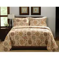 Photo of Full / Queen Retro Moon Shaped Floral Medallion Reversible 3 Piece Quilt Set
