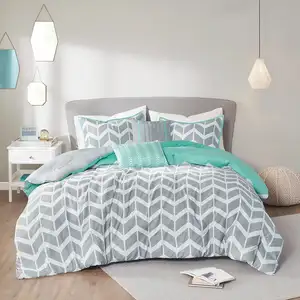 Photo of Full/Queen Reversible Comforter Set with Grey White Aqua Teal Chevron Pattern