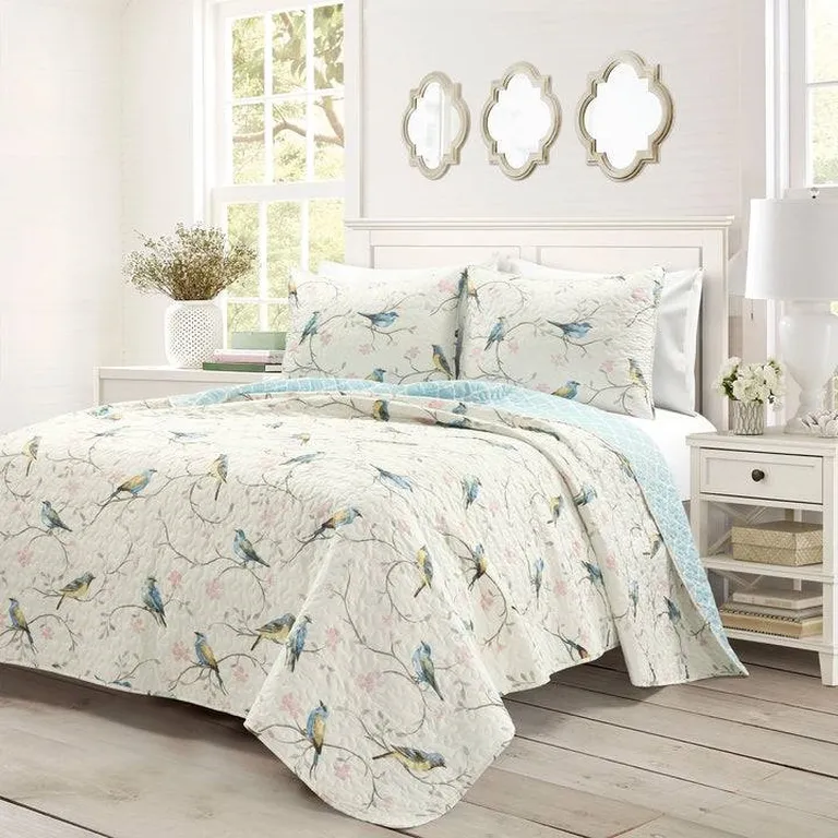 Full/Queen Reversible Cotton Lightweight Floral Birds 3 Piece Quilt Set Photo 1