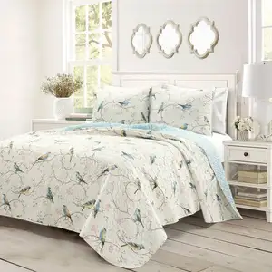 Photo of Full/Queen Reversible Cotton Lightweight Floral Birds 3 Piece Quilt Set