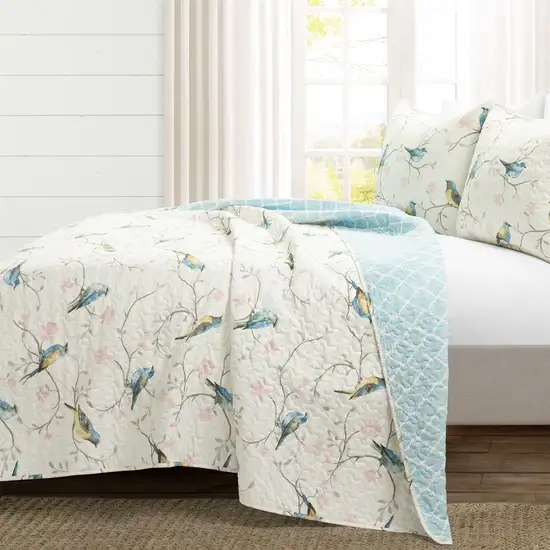 Full/Queen Reversible Cotton Lightweight Floral Birds 3 Piece Quilt Set Photo 2