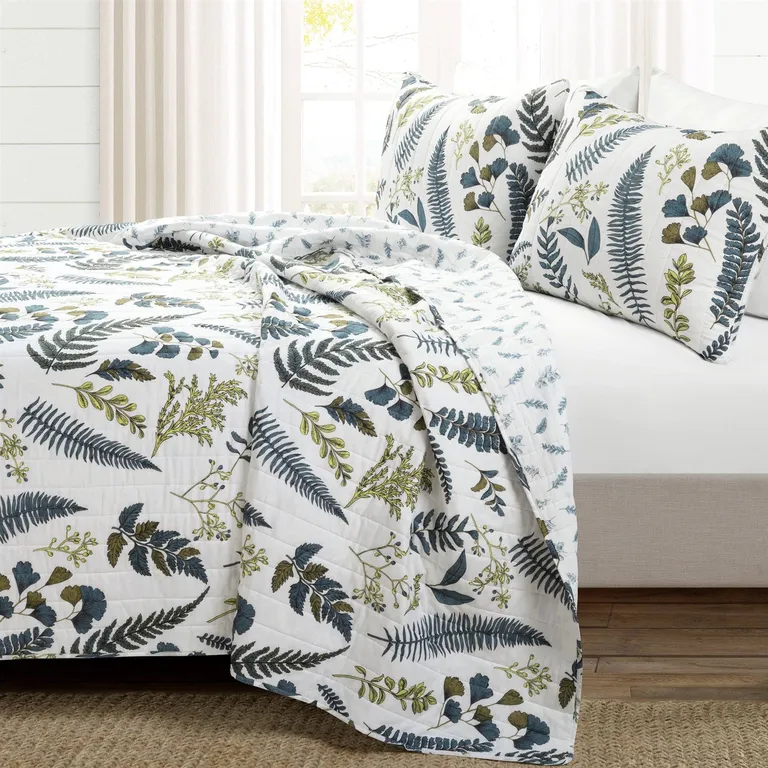 Full/Queen Reversible Cotton Lightweight Floral Fern 3 Piece Quilt Set Photo 2