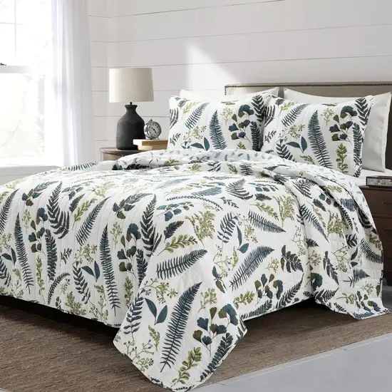 Full/Queen Reversible Cotton Lightweight Floral Fern 3 Piece Quilt Set Photo 1