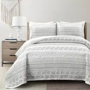 Photo of Full/Queen Scandinavian Chevron Grey White Reversible Cotton Quilt Set