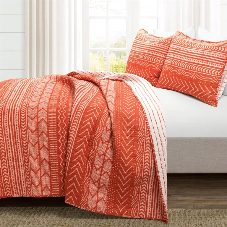 Full/Queen Scandinavian Chevron Orange White Stripe Reversible Cotton Quilt Set Photo 2