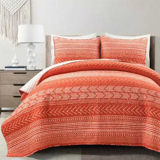 Full/Queen Scandinavian Chevron Orange White Stripe Reversible Cotton Quilt Set Photo 1