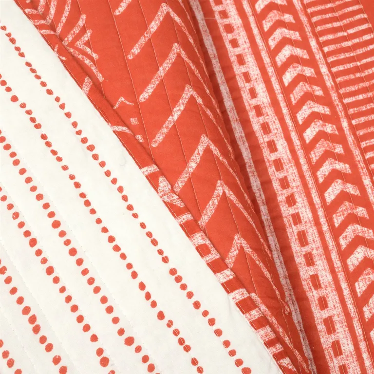 Full/Queen Scandinavian Chevron Orange White Stripe Reversible Cotton Quilt Set Photo 4