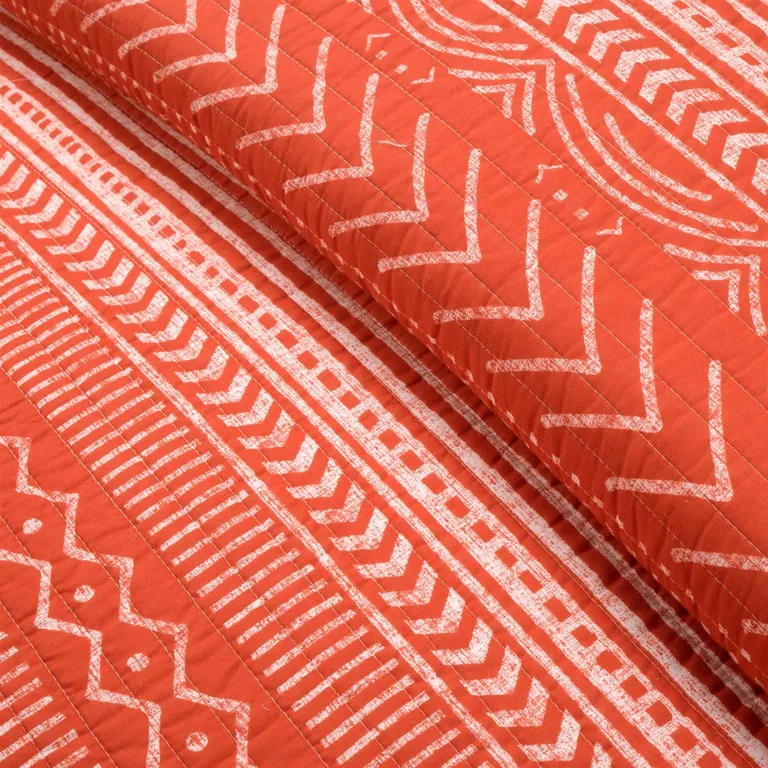 Full/Queen Scandinavian Chevron Orange White Stripe Reversible Cotton Quilt Set Photo 3