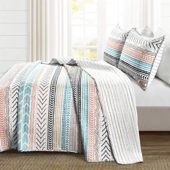 Full/Queen Scandinavian Chevron Teal White Orange Reversible Cotton Quilt Set Photo 2