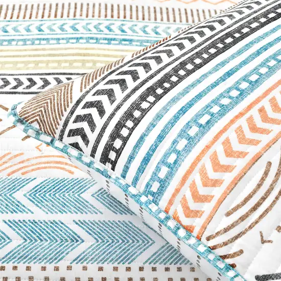 Full/Queen Scandinavian Chevron Teal White Orange Reversible Cotton Quilt Set Photo 4