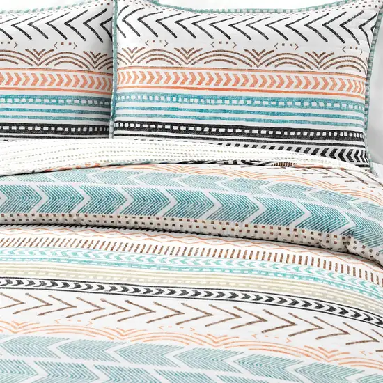 Full/Queen Scandinavian Chevron Teal White Orange Reversible Cotton Quilt Set Photo 3