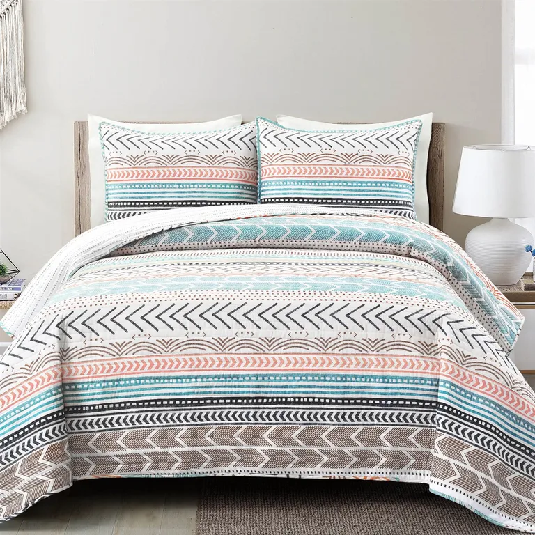 Full/Queen Scandinavian Chevron Teal White Orange Reversible Cotton Quilt Set Photo 1