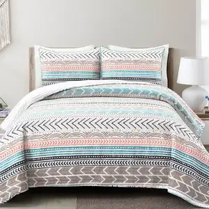 Photo of Full/Queen Scandinavian Chevron Teal White Orange Reversible Cotton Quilt Set