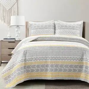 Photo of Full/Queen Scandinavian Grey/Yellow Reversible Cotton Quilt Set