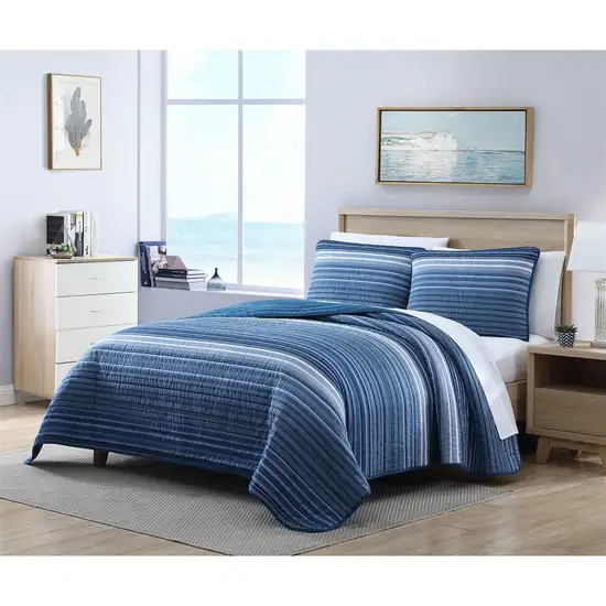 Full/Queen Size Coastal Blue Stripe Reversible Cotton Quilt Set Photo 2