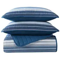 Photo of Full/Queen Size Coastal Blue Stripe Reversible Cotton Quilt Set