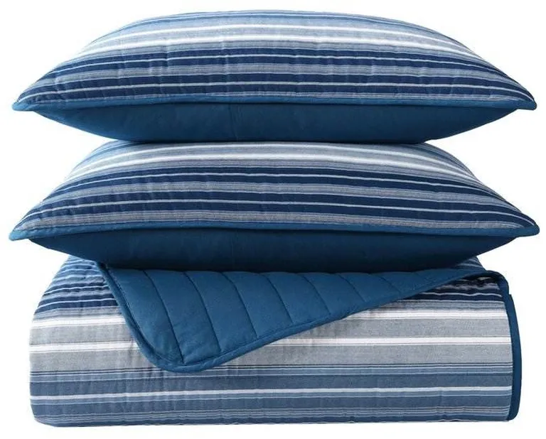 Full/Queen Size Coastal Blue Stripe Reversible Cotton Quilt Set Photo 1