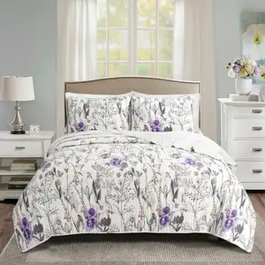 Photo of Full/Queen Size Lightweight Purple Grey Floral Quilt Set