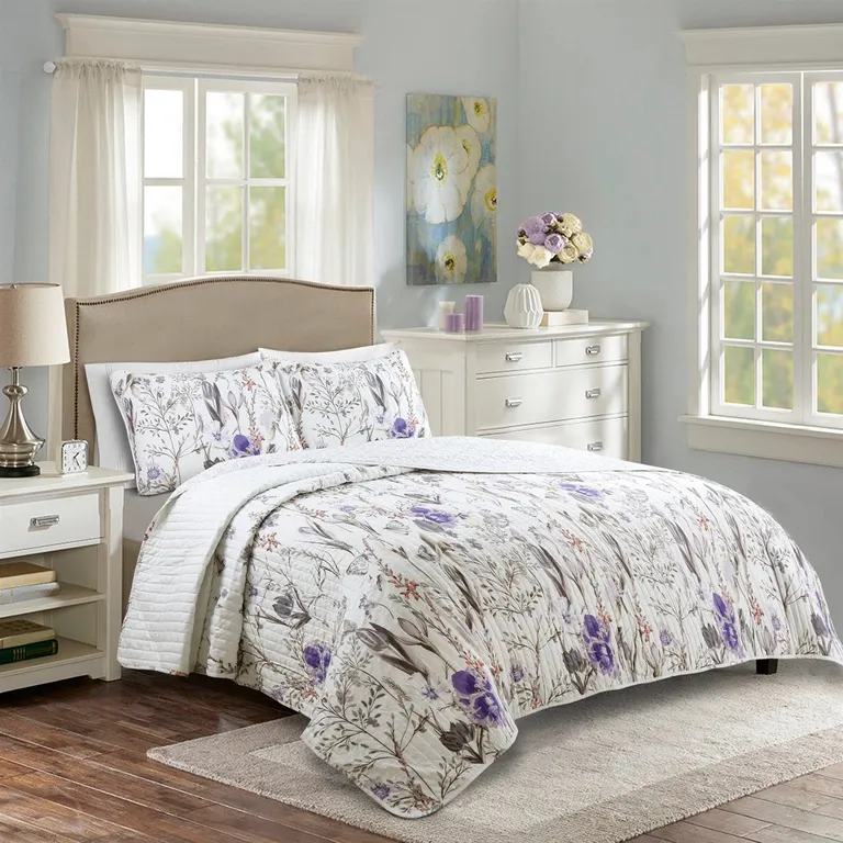 Full/Queen Size Lightweight Purple Grey Floral Quilt Set Photo 2