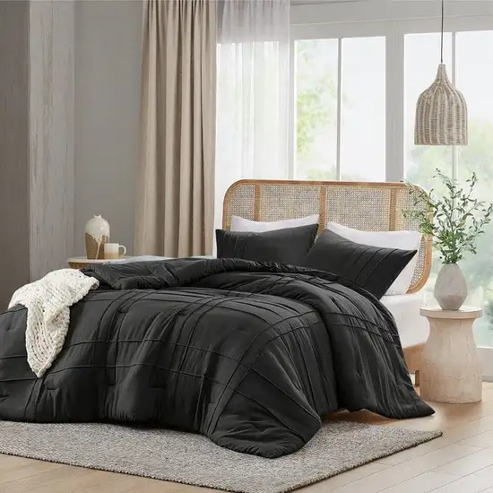 Full/Queen Size Microfiber Pleated Soft Washed Comforter Set Black Photo 2