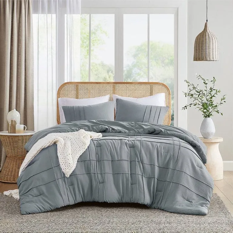 Full/Queen Size Microfiber Pleated Soft Washed Comforter Set Blue/Gray Photo 2