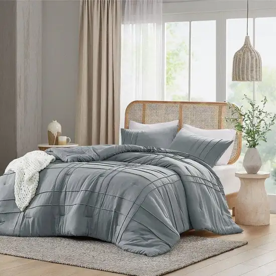 Full/Queen Size Microfiber Pleated Soft Washed Comforter Set Blue/Gray Photo 1