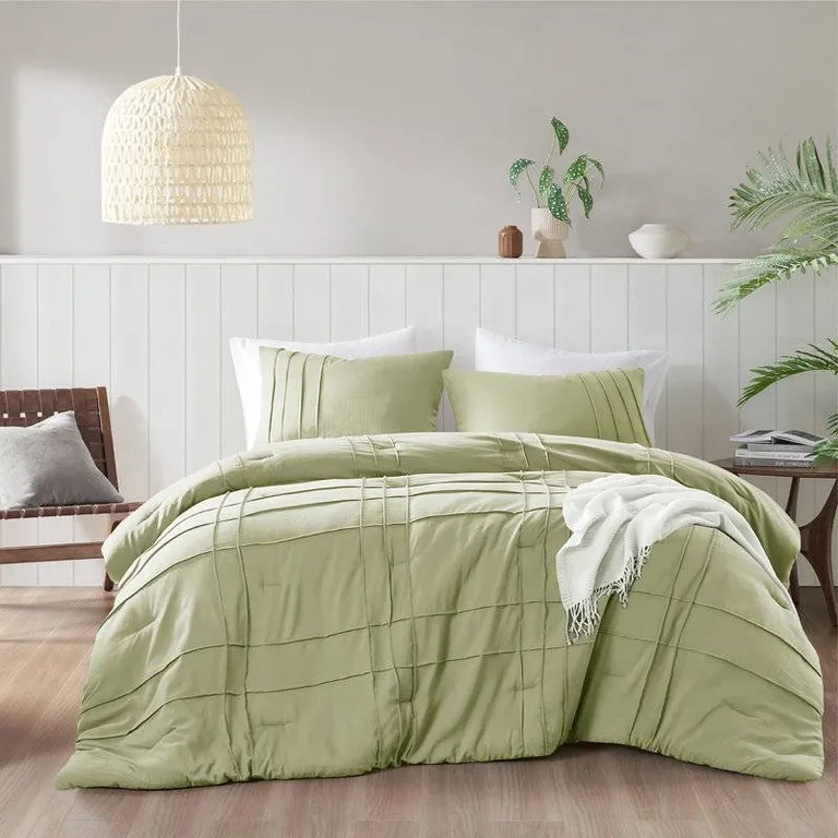 Full/Queen Size Microfiber Pleated Soft Washed Comforter Set Green Photo 2