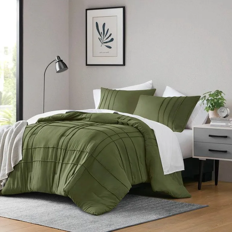 Full/Queen Size Microfiber Pleated Soft Washed Comforter Set Olive Photo 2