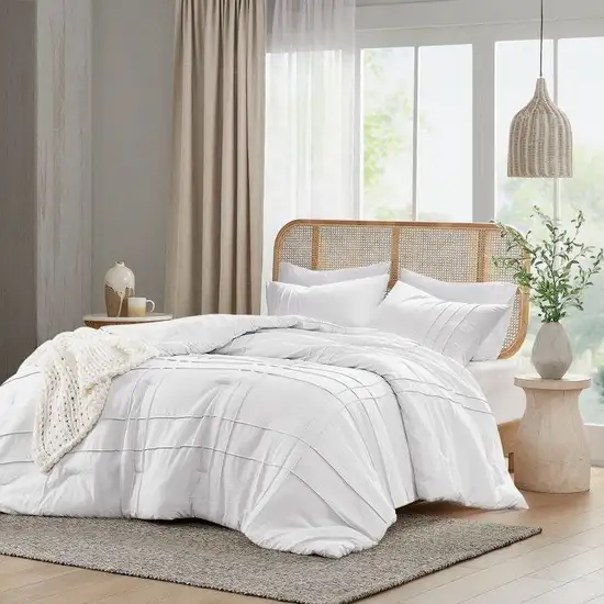 Full/Queen Size Microfiber Pleated Soft Washed Comforter Set White Photo 2