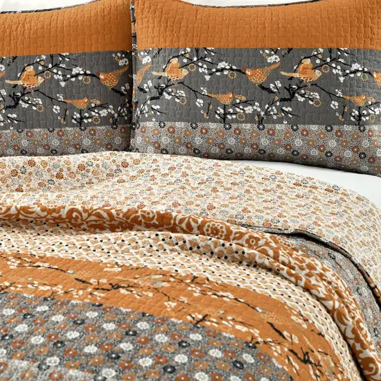 Full/Queen Size Orange Grey Floral Birds Reversible 3 Piece Quilt Set Photo 3