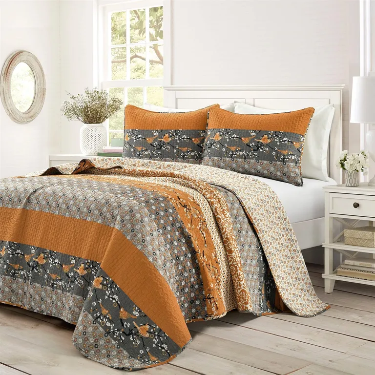 Full/Queen Size Orange Grey Floral Birds Reversible 3 Piece Quilt Set Photo 1