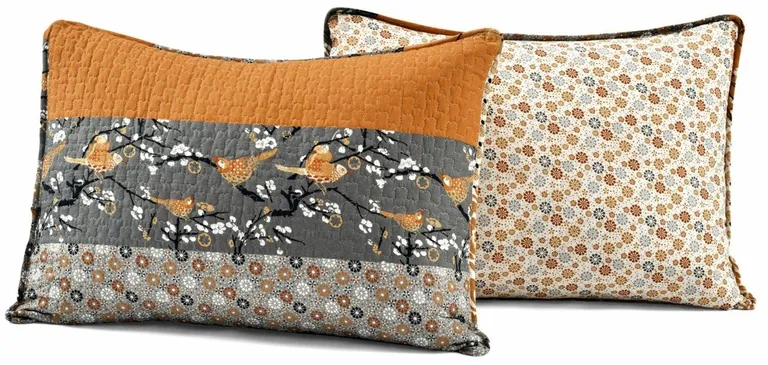 Full/Queen Size Orange Grey Floral Birds Reversible 3 Piece Quilt Set Photo 5