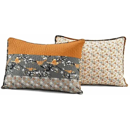 Full/Queen Size Orange Grey Floral Birds Reversible 3 Piece Quilt Set Photo 5