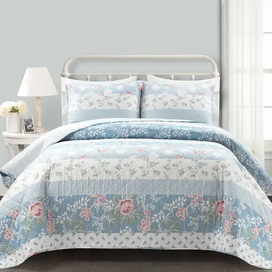 Full/Queen Size 3 PCS Lightweight Blue Stripe Flower Polyester Quilt Set Photo 1