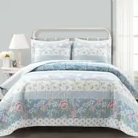 Photo of Full/Queen Size 3 PCS Lightweight Blue Stripe Flower Polyester Quilt Set