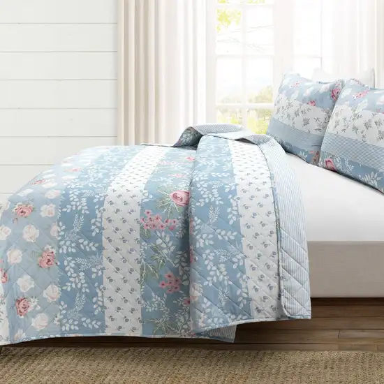 Full/Queen Size 3 PCS Lightweight Blue Stripe Flower Polyester Quilt Set Photo 2