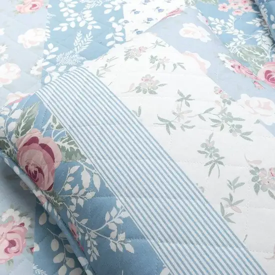 Full/Queen Size 3 PCS Lightweight Blue Stripe Flower Polyester Quilt Set Photo 5