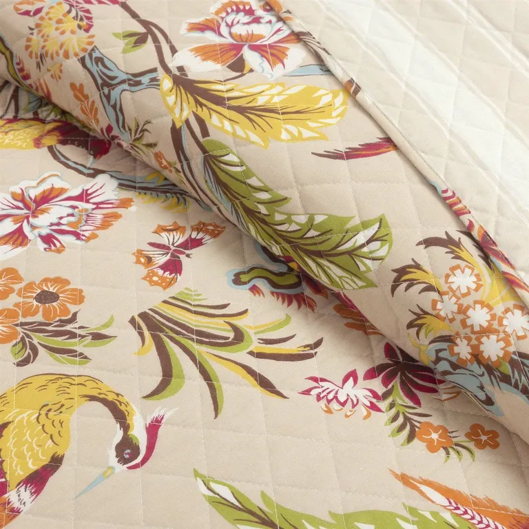 Full/Queen Size 3 PCS Lightweight Peacocks Polyester Quilt Set Tan Photo 2