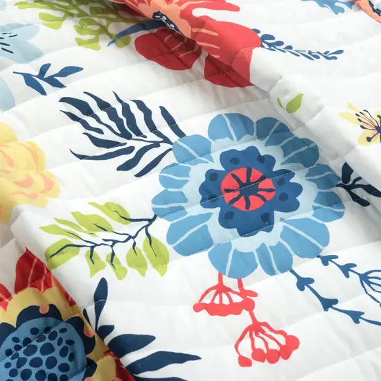 Full/Queen Size 3 PCS Lightweight Reversible Navy Flowers Polyester Quilt Set Photo 4