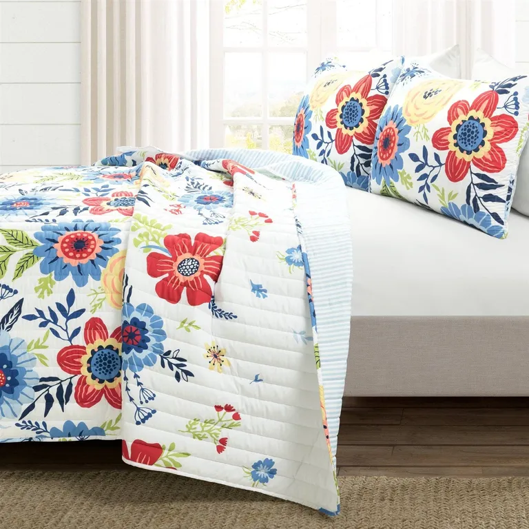 Full/Queen Size 3 PCS Lightweight Reversible Navy Flowers Polyester Quilt Set Photo 2