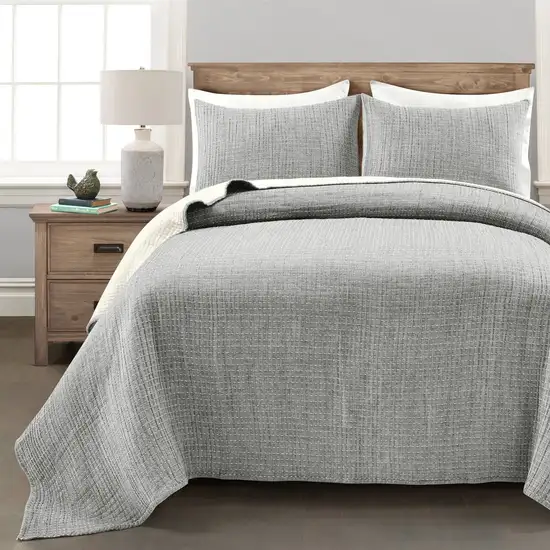 Full/Queen Size 3-Piece Reversible Cotton Yarn Woven Quilt Set in Grey Cream Photo 1