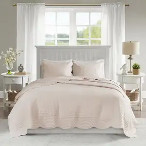 Photo of Full/Queen Size 3 Piece Reversible Scalloped Edges Microfiber Quilt Set in Blush