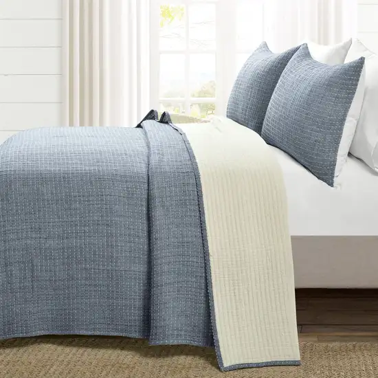 Full/Queen Size 3-Piece Reversible Woven Cotton Quilt Set in Navy Cream Photo 3