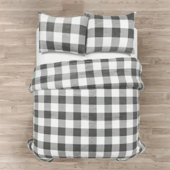 Full/Queen Size Plaid Soft Faux Fur Comforter Set Black/White Photo 2