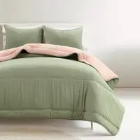 Photo of Full/Queen Soft Lightweight Reversible Quilted Comforter Set in Green/Pink