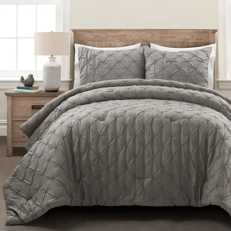 Full/Queen Soft Pleated Cotton 3 Piece Comforter Set Grey Photo 1