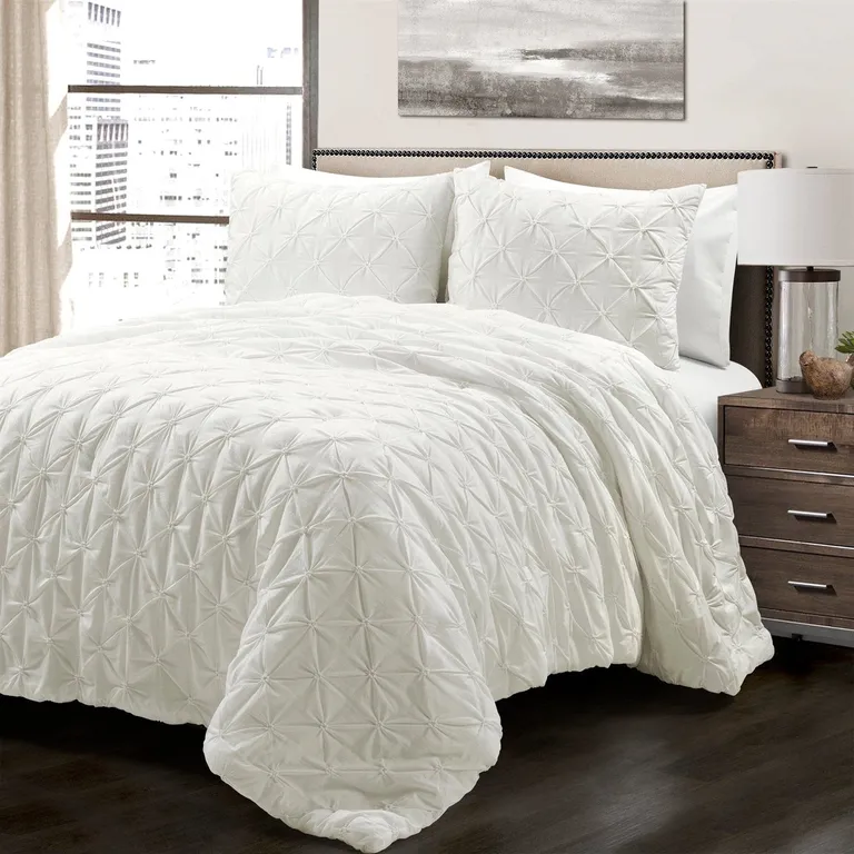 Full/Queen Soft Pleated Cotton 3 Piece Comforter Set White Photo 1