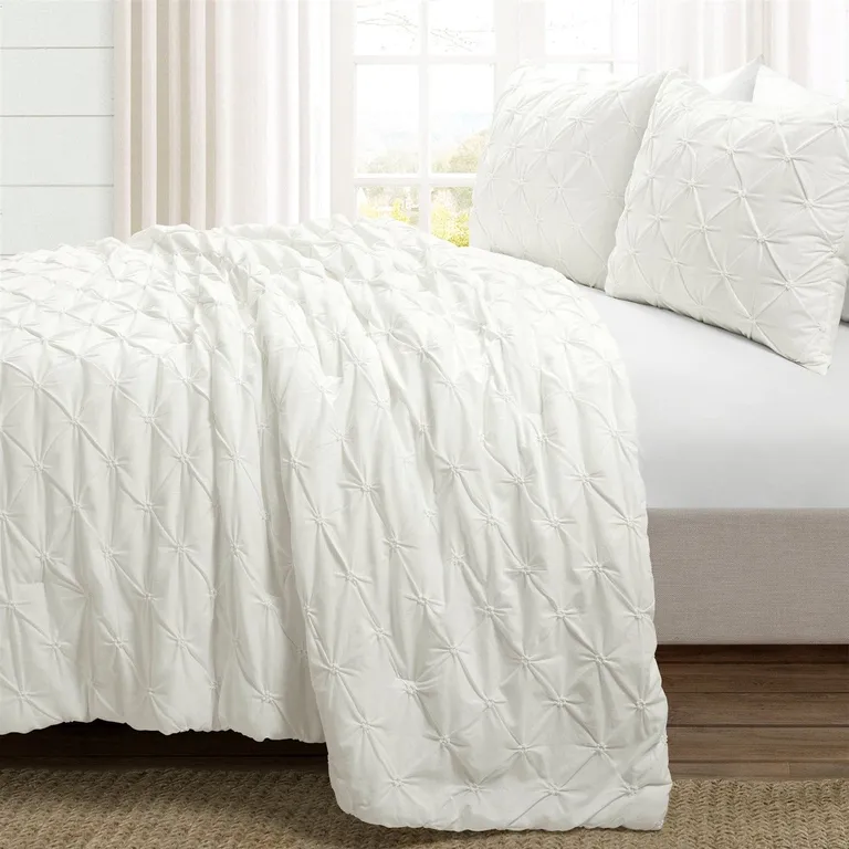 Full/Queen Soft Pleated Cotton 3 Piece Comforter Set White Photo 2